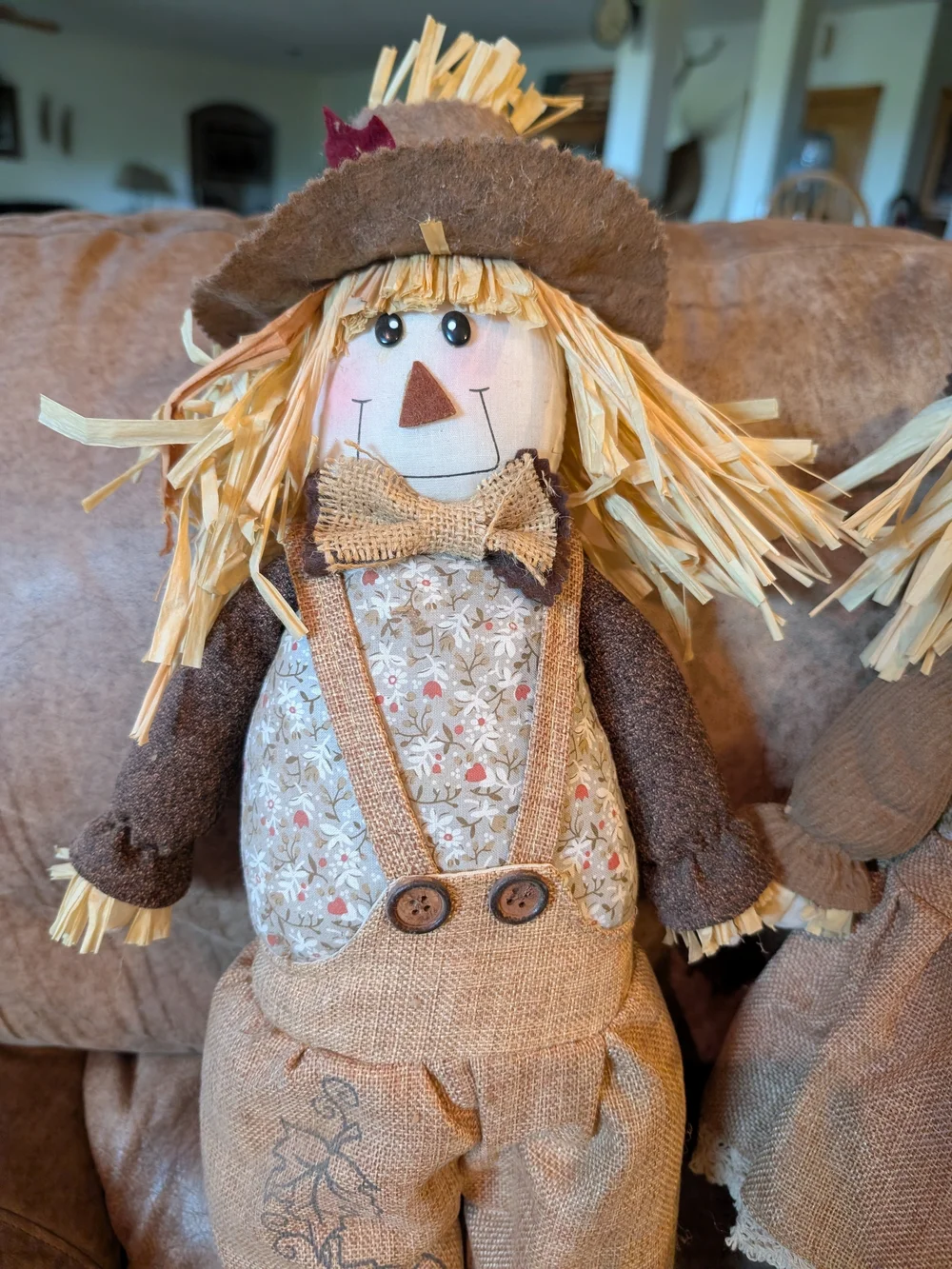 Pair of Rustic Fall Scarecrow Dolls - Neutral Brown & Tan